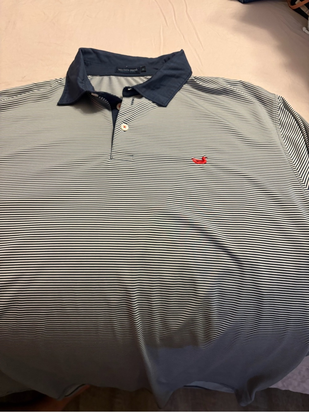 Southern Marsh Navy and White Striped Polo with Contrast Collar
